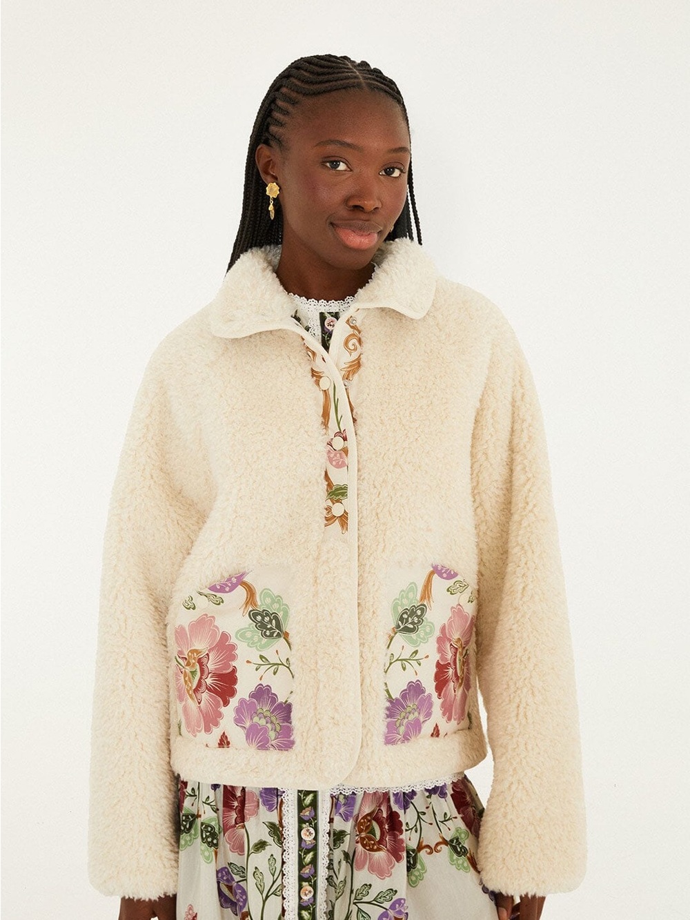 FARM Rio Cream Faux Shearling Jacket with Floral Patch Pockets XXS NWT